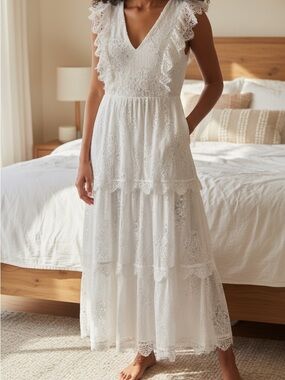 Premier White Lace Maxi Dress with Ruffle Sleeves